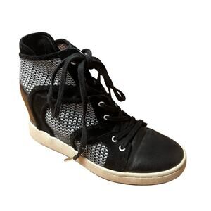 L.A.M.B. Black Leather Mesh Lace Up Wedge Sneakers Size 7
